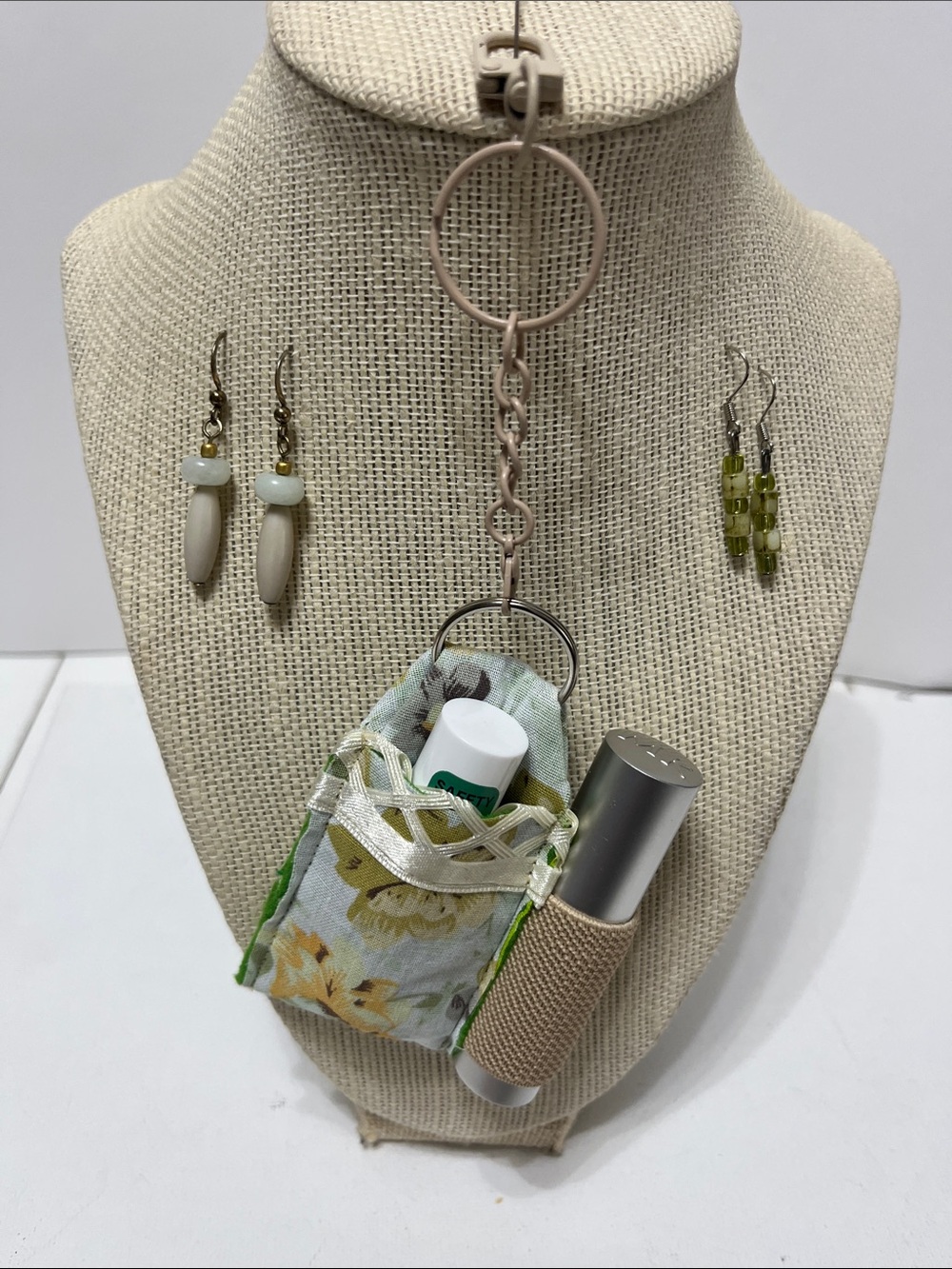 Gift Set Floral Fabric Double Lip Balm & Roller Holder Keychain 2 pr Earrings